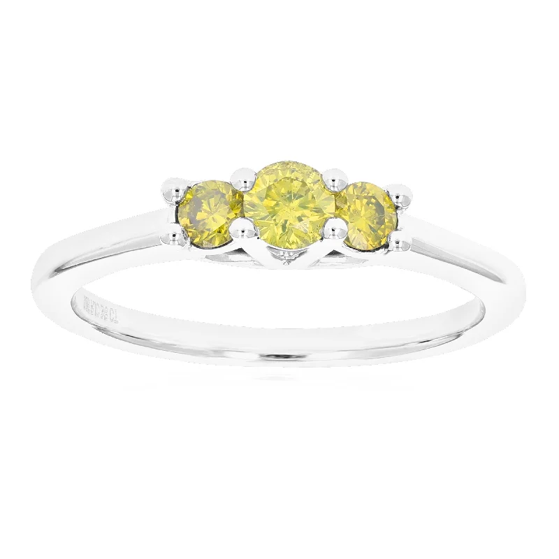 women two-tone engagement rings -3/8 cttw 3 Stone Round Yellow Diamond Engagement Ring .925 Sterling Silver Prong Set