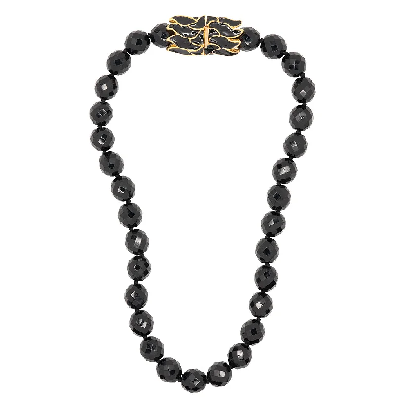 women charm necklaces -Vintage Jet Bead Necklace W/ Black Pendant