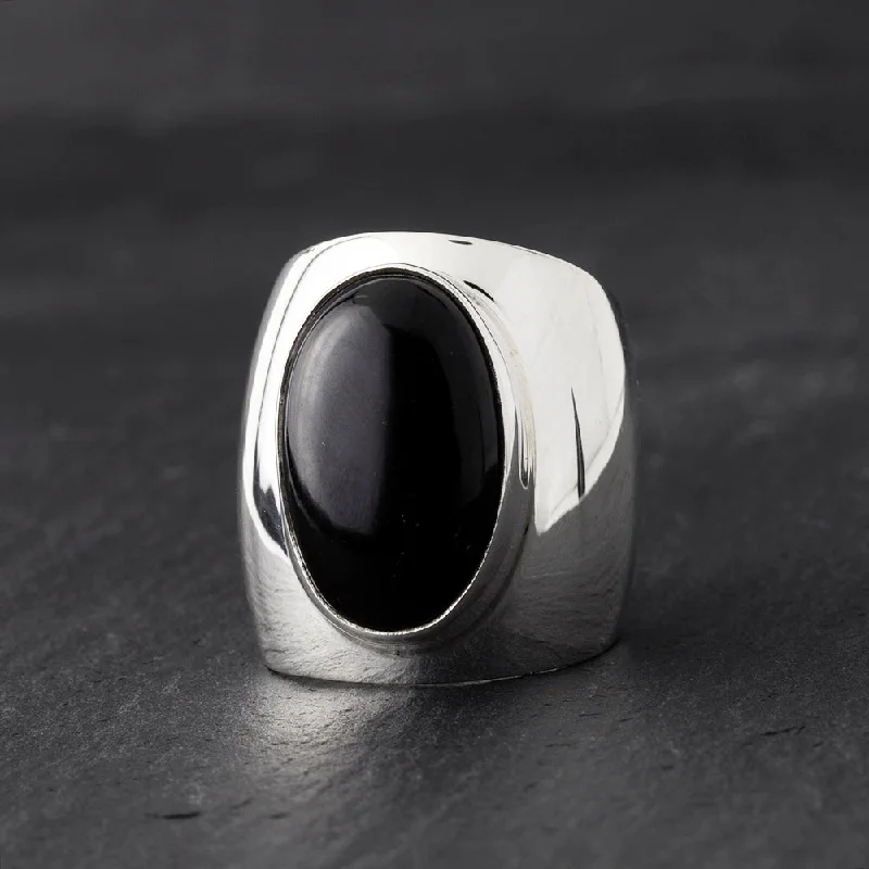 women vintage diamond rings -Sterling Silver and Black Onyx Stone Wide Band Ring