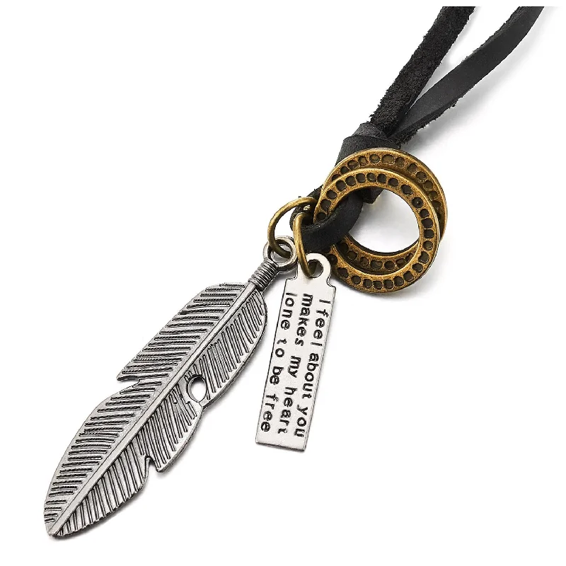 women rope necklaces -COOLSTEELANDBEYOND Aged Silver Feather Necklace with Adjustable Black Leather Cord Retro Style Necklace Unisex Men Women