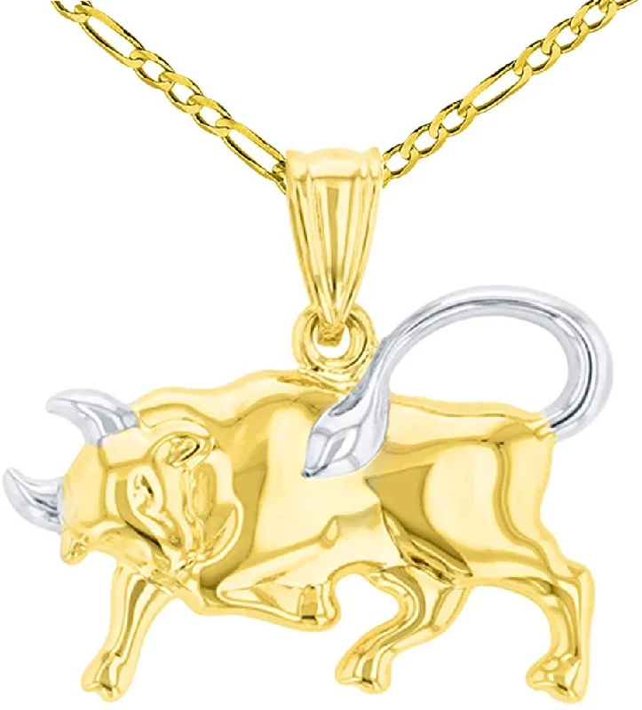 women art deco necklaces -High Polish 14K Yellow Gold Bull Pendant Taurus Zodiac Sign Charm Figaro Chain Necklace