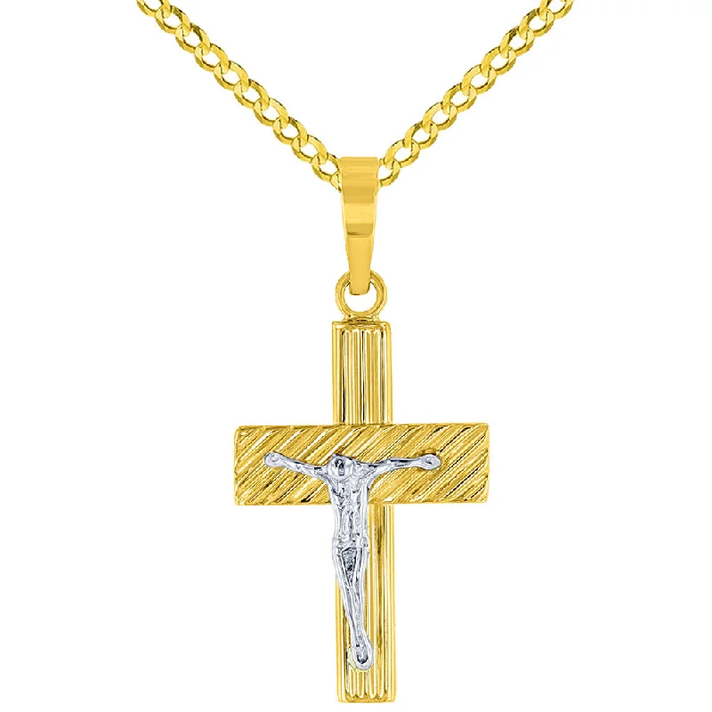 women wedding day necklaces -14K Two-Tone Gold Rugged Edged Cross Crucifix Pendant with Cuban Chain Necklace