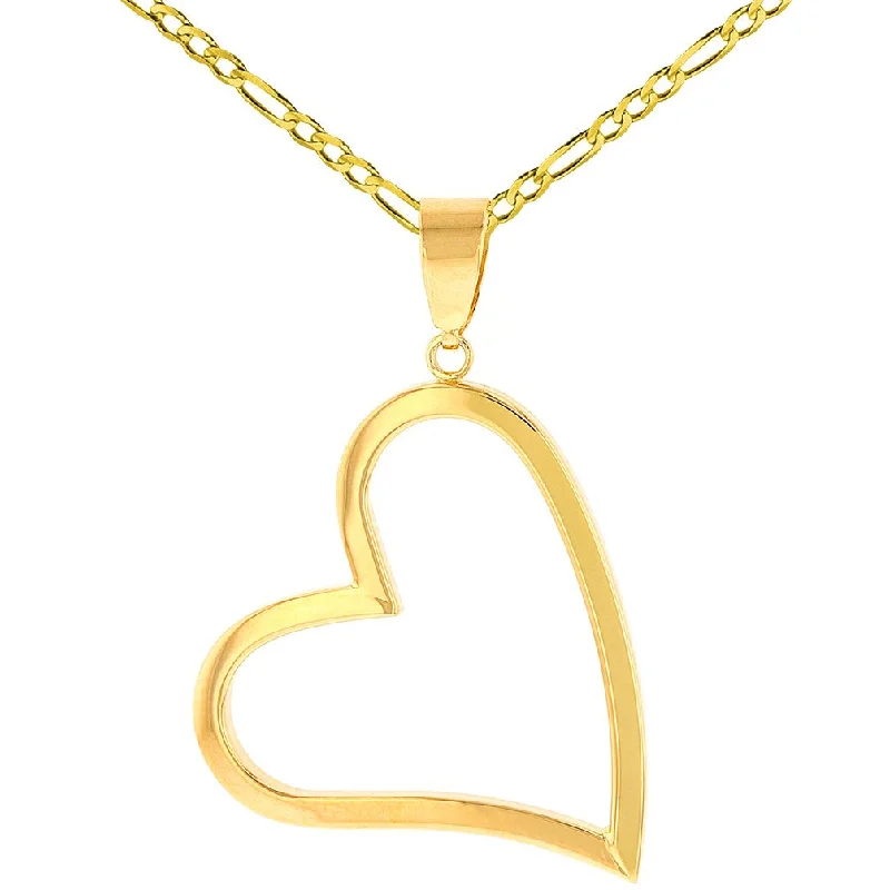 women heart necklaces -14K Yellow Gold Polished Fancy Sideways Heart Pendant with Figaro Necklace