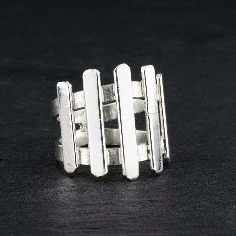 women oval diamond rings -Sterling Silver Multiple Bar Ring