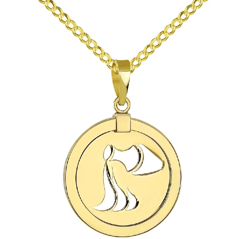 women charm necklaces -14K Yellow Gold Reversible Round Aquarius Zodiac Sign Pendant with Cuban Chain Necklace