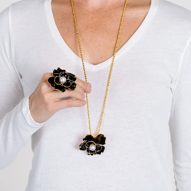 women silver chain necklaces -Black Flower Pendant