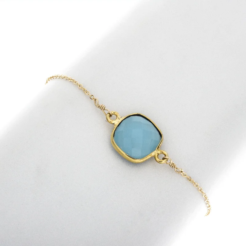 women statement bracelets -Medium Square Blue Chalcedony Bezel Gemstone Bracelete- BR216