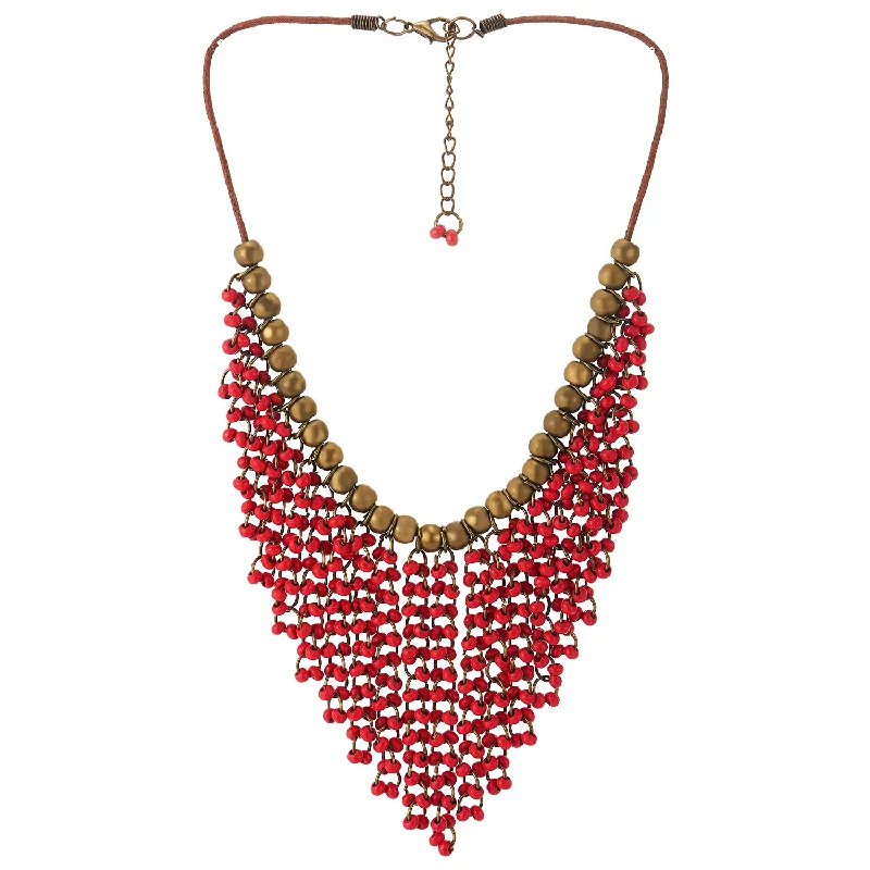 women statement necklaces -Red Wood Beads Tassel Statement Necklace Bib Collar Multilayer Pendant with Aged Brass Beads, Dress