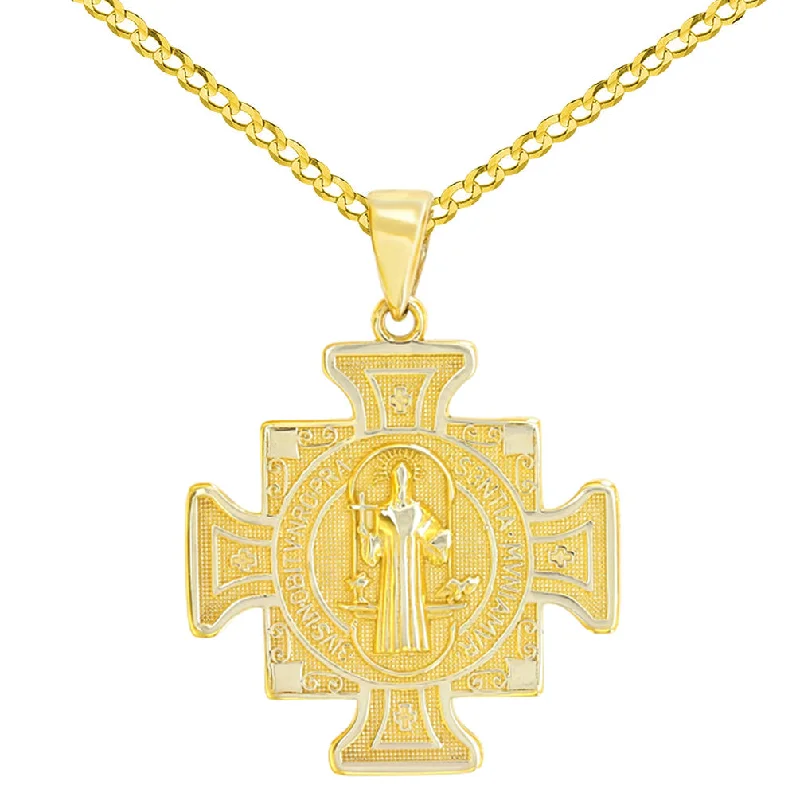 women round pendant necklaces -Solid 14K Yellow Gold Saint Benedict Cross Charm Pendant Cuban Concave Necklace