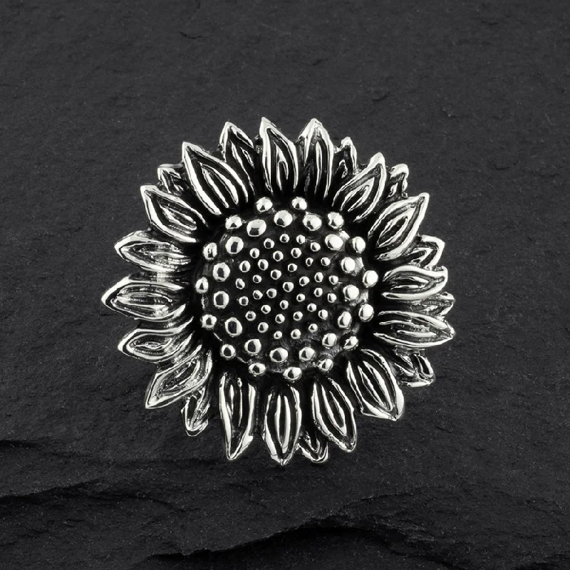 women wide band rings -Large Mexican Silver Sunflower Ring