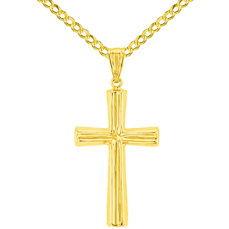 women crystal necklaces -Polished 14K Yellow Gold Plain Religious Cross Pendant with Cuban Chain Necklace