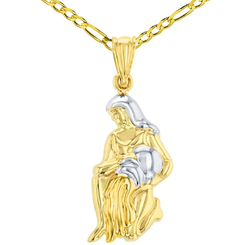 women gold chain necklaces -High Polish 14K Yellow Gold Aquarius Zodiac Sign Charm Pendant Figaro Chain Necklace