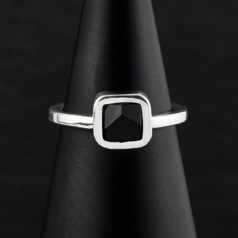 women diamond solitaire rings -Small Square Silver and Black Onyx Ring