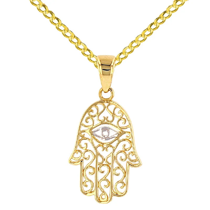 women rose gold pendant necklaces -Solid 14K Yellow Gold Filigree Hamsa Hand of Fatima with Evil Eye Pendant Necklace