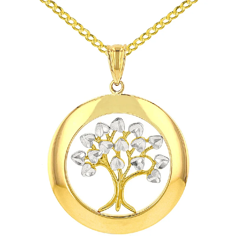 women gold chain necklaces -Jewelry America High Polished 14K Yellow Gold Round Tree of Life Pendant Cuban Necklace