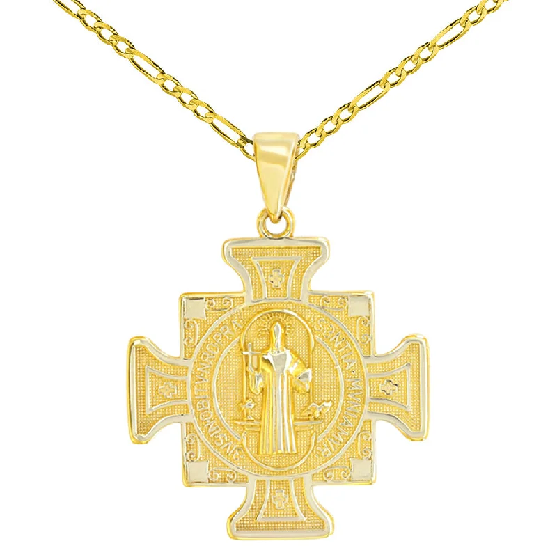 women star-shaped necklaces -Solid 14K Yellow Gold Saint Benedict Cross Charm Pendant Figaro Chain Necklace