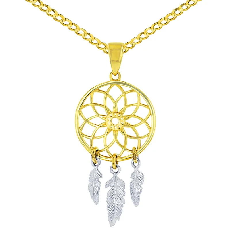 women custom necklaces -Solid 14K Two-Tone Gold Native American Dreamcatcher Charm Pendant Necklace