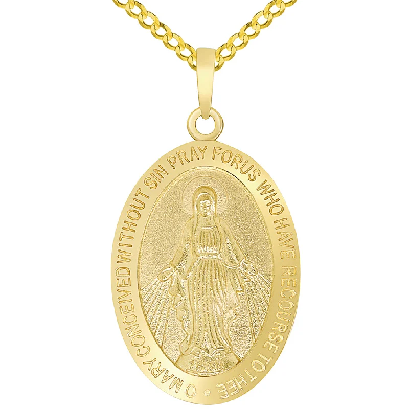 women star pendant necklaces -Solid 14k Yellow Gold Classic Miraculous Medallion of the Virgin Mary Pendant Necklace with Curb Chain