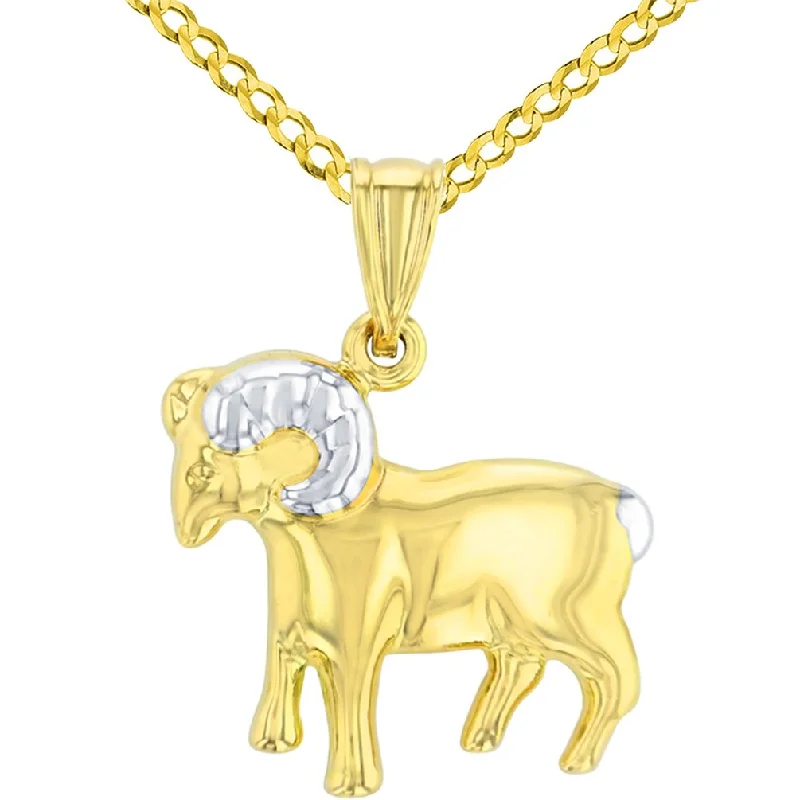 women luxury silver necklaces -High Polish 14K Yellow Gold Aries Zodiac Sign Pendant Ram Charm Cuban Chain Necklace