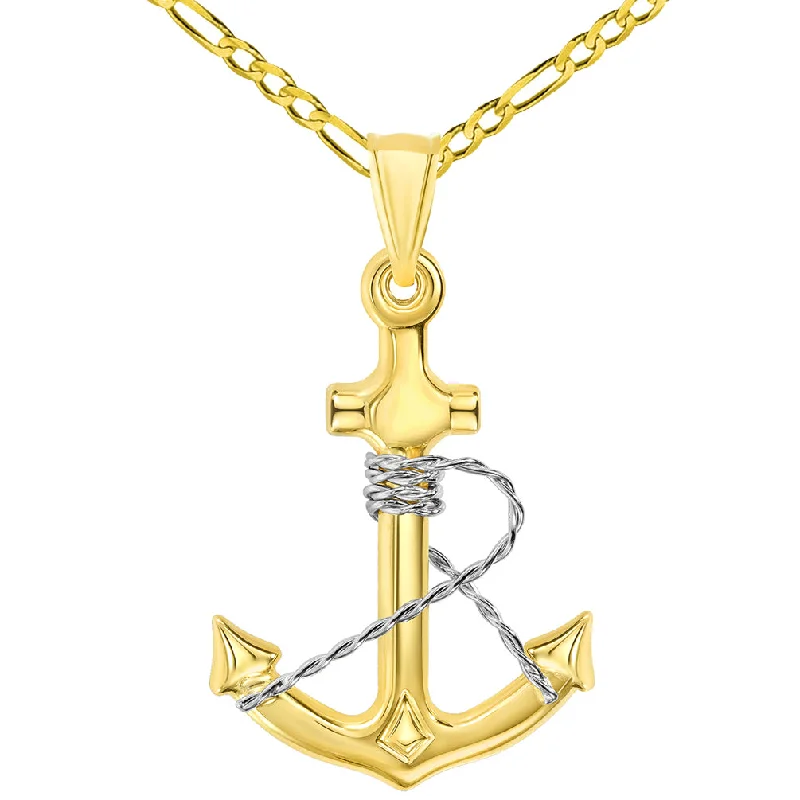 women personalized necklaces -14k Two-Tone Gold Polished 3D Anchor with Rope Pendant with Figaro Chain Necklace