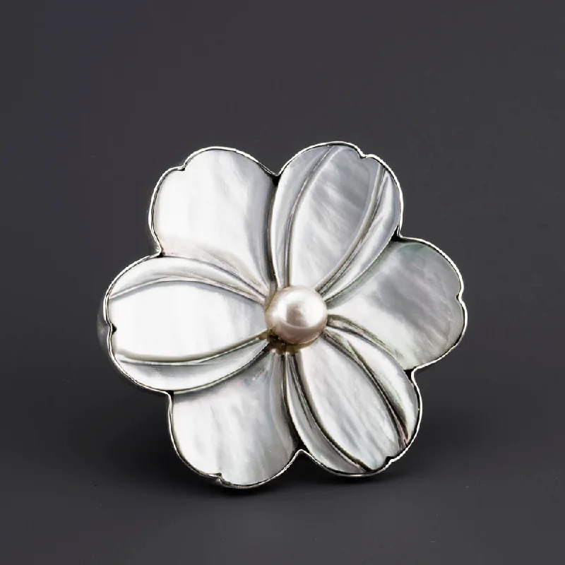 women unique rings -Oversized Mother of Pearl Flower Statement Ring