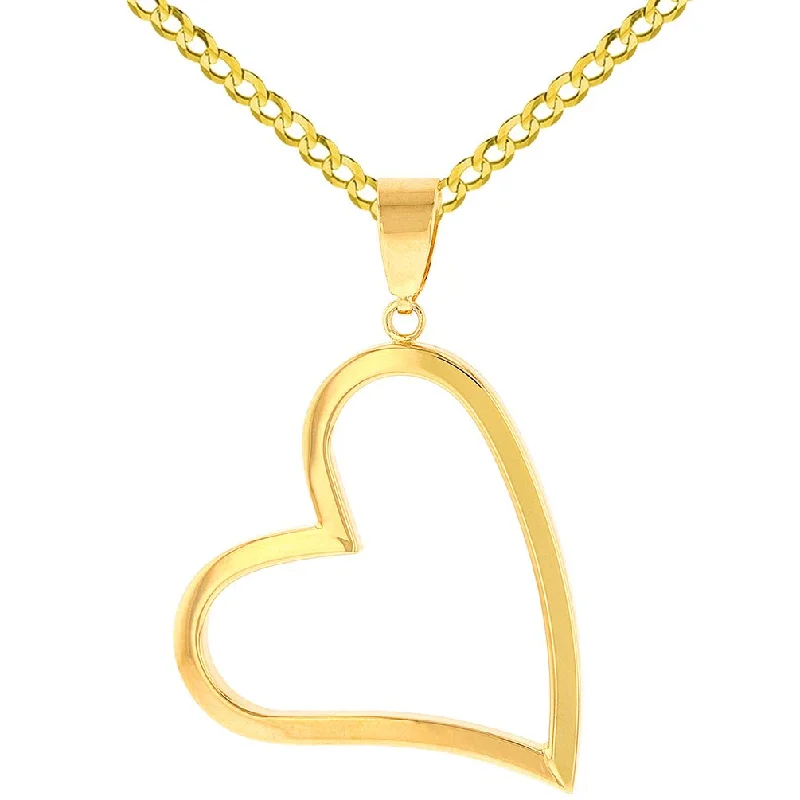 women personalized necklaces -14K Yellow Gold Polished Fancy Sideways Heart Pendant with Cuban Necklace