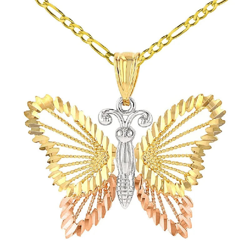 women teardrop necklaces -14k Solid Tri-Color Gold Textured Open Butterfly Pendant Figaro Chain Necklace