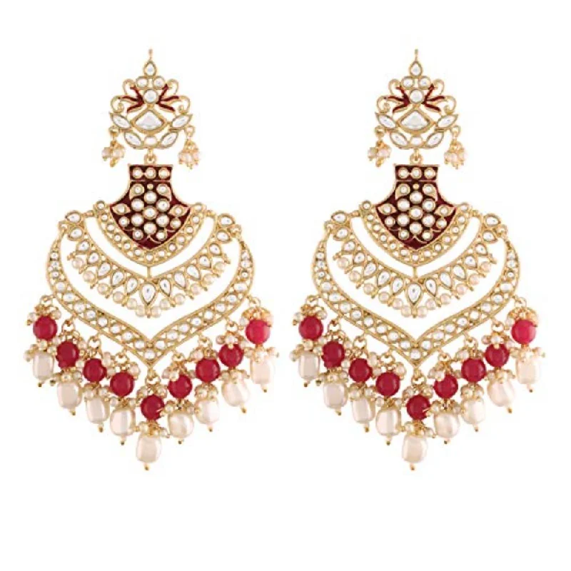 women pearl earrings -Etnico Maroon 18K Gold Plated Alloy Ruby Enamel Glided with Kundans and Pearls Intricately Designed Traditional Long Earrings for Women (E2903M)