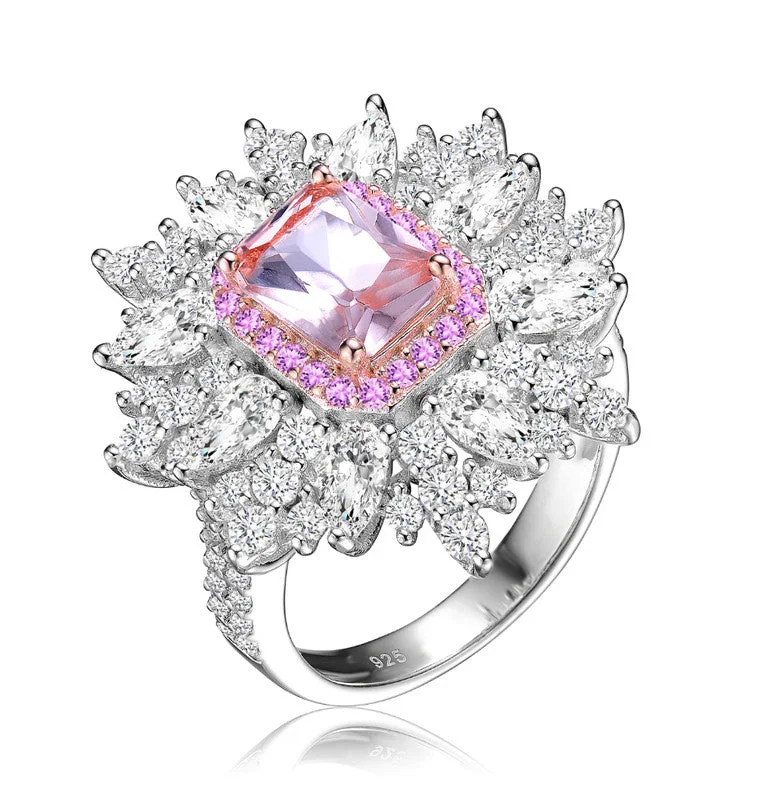 women halo diamond engagement rings -GENEVIVE Sterling Silver Rose Gold Plated Morganite Cubic Zirconia Coctail Ring