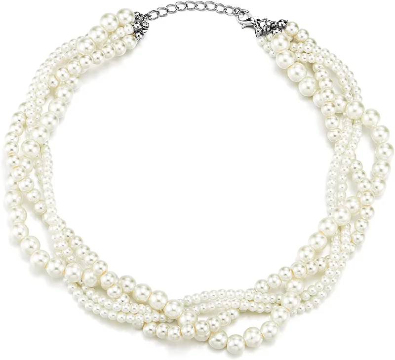 women ruby necklaces -Multi-Layer Braided White Pearl Statement Necklace Chains Choker Collar