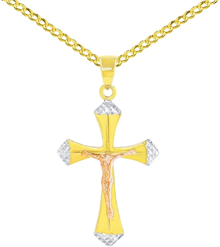 women tassel necklaces -Textured 14K Yellow Gold & Rose Gold Two Tone Cross Crucifix Pendant Cuban Chain Necklace