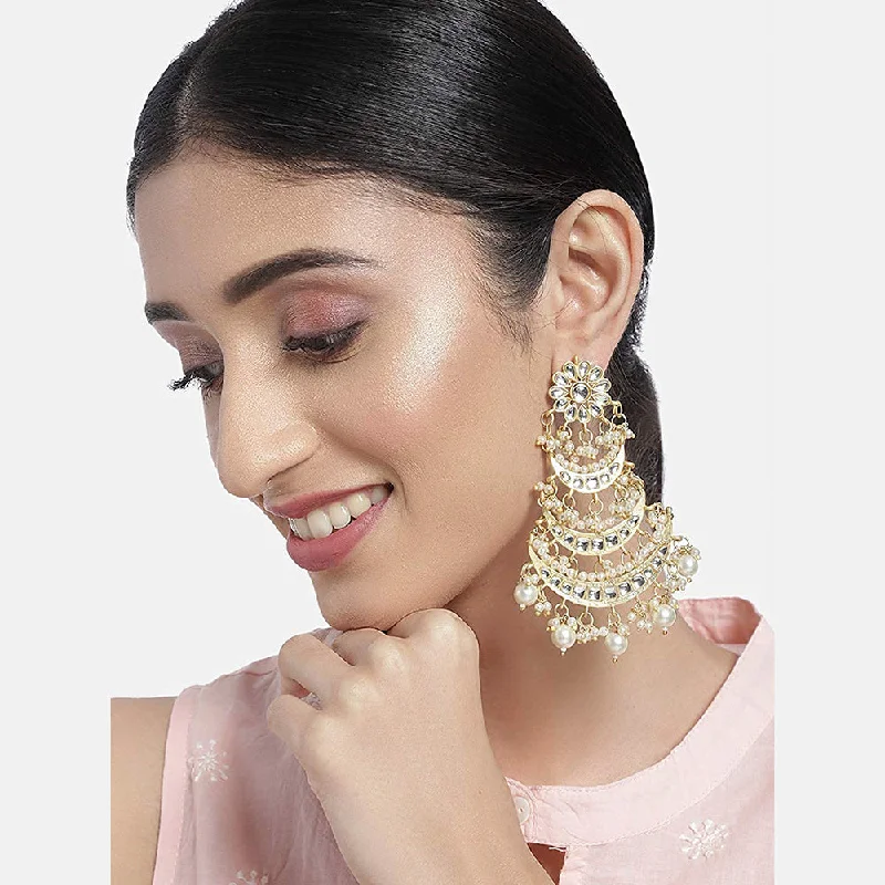 women gold statement earrings -Etnico 18k Gold Plated 3 Layered Beaded Chandbali Earrings with Kundan and Pearl Work for Women (E2859)