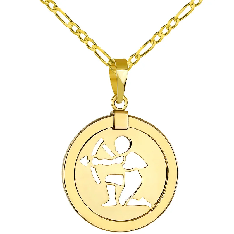 women rose gold necklaces -14K Yellow Gold Reversible Round Sagittarius Zodiac Sign Pendant with Figaro Chain Necklace