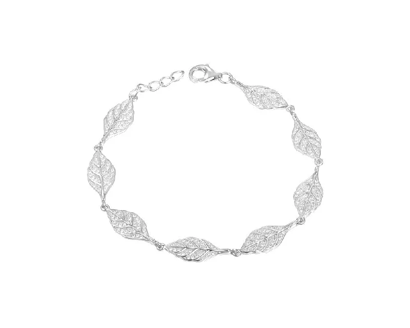 women chain bangles -SOLID 925 STERLING SILVER HAWAIIAN MAILE LEAF LINK BRACELET CZ RHODIUM 7 INCH