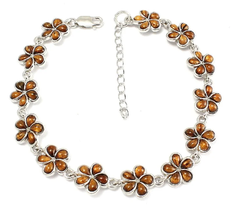 women romantic bangles -GENUINE INLAY HAWAIIAN KOA WOOD PLUMERIA FLOWER LINK BRACELET 925 SILVER 7 1/8"+