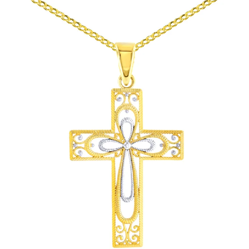 women eco-friendly necklaces -14K Yellow Gold Textured Milgrain Filigree Cross Pendant Cuban Chain Necklace