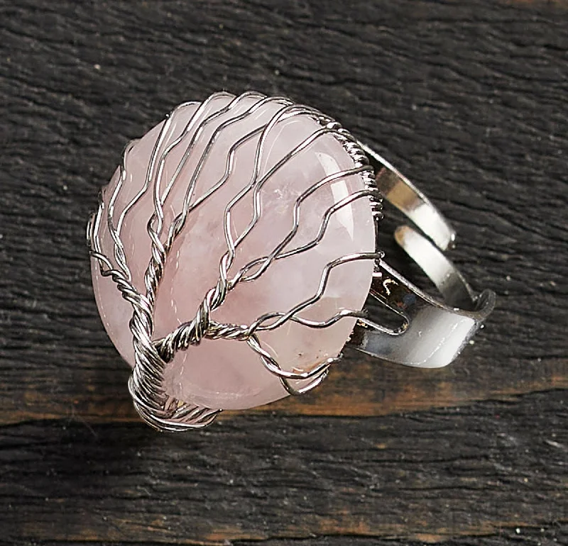 women vintage-style rings -Tree of Life—Rose Quartz