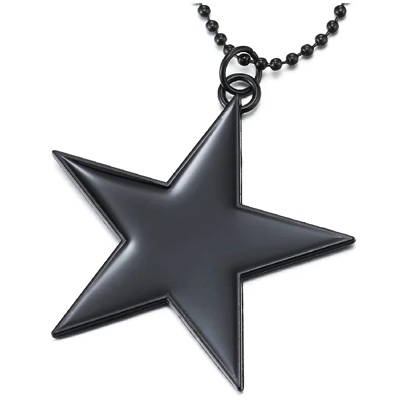 women engraved gold necklaces -Mens Women Black Pendant Necklace with Star and 27 inches Ball Chain