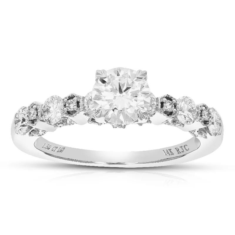 women engagement rings with matching bands -1.50 cttw Lab Created Diamond Engagement Ring in 14K White Gold Round Prong Set