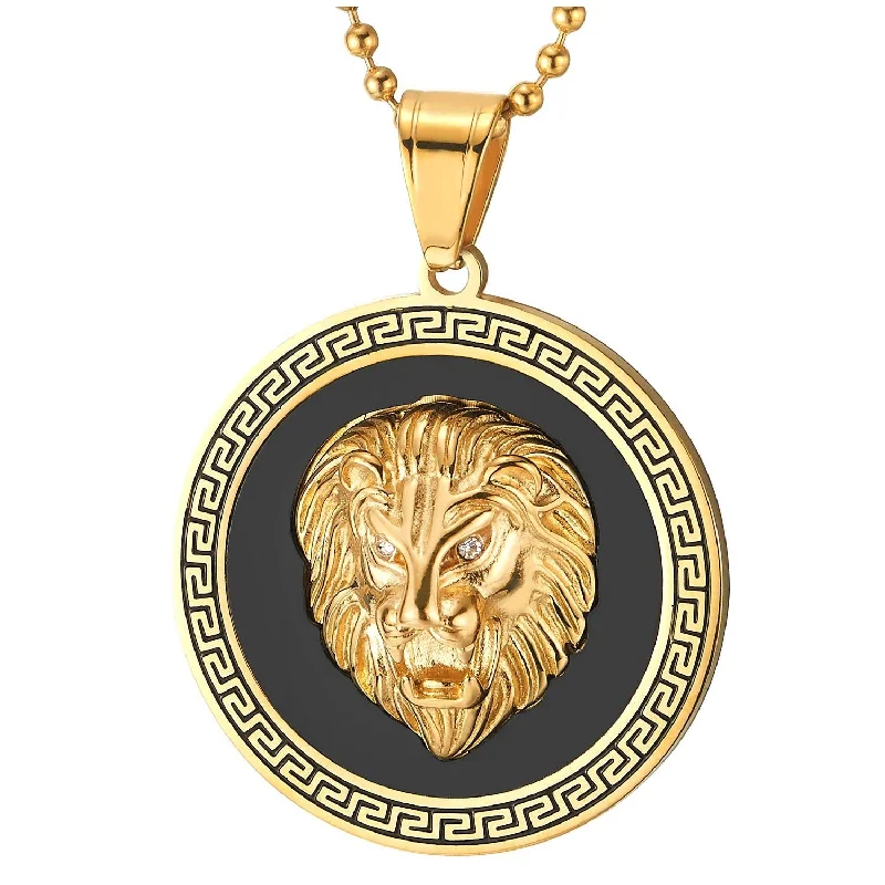 women tassel necklaces -Men Steel Lion Head Circle Medal Pendant Necklace with CZ, Black Onyx, Greek Key, Silver Black