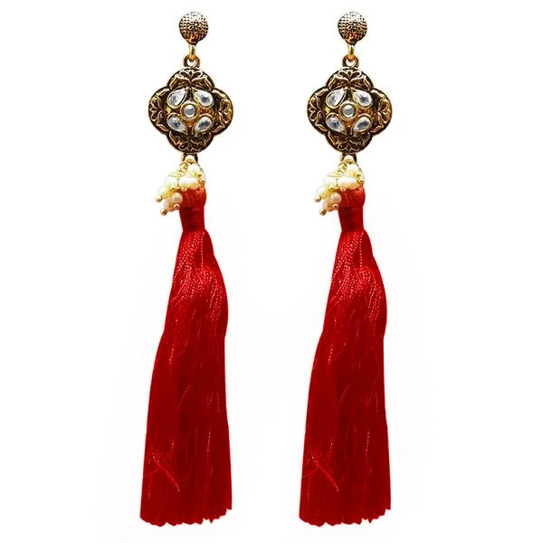 women pearl drop earrings -Tip Top Fashions Kundan Pearl Red Thread Gold Plated Earring - 1311414F