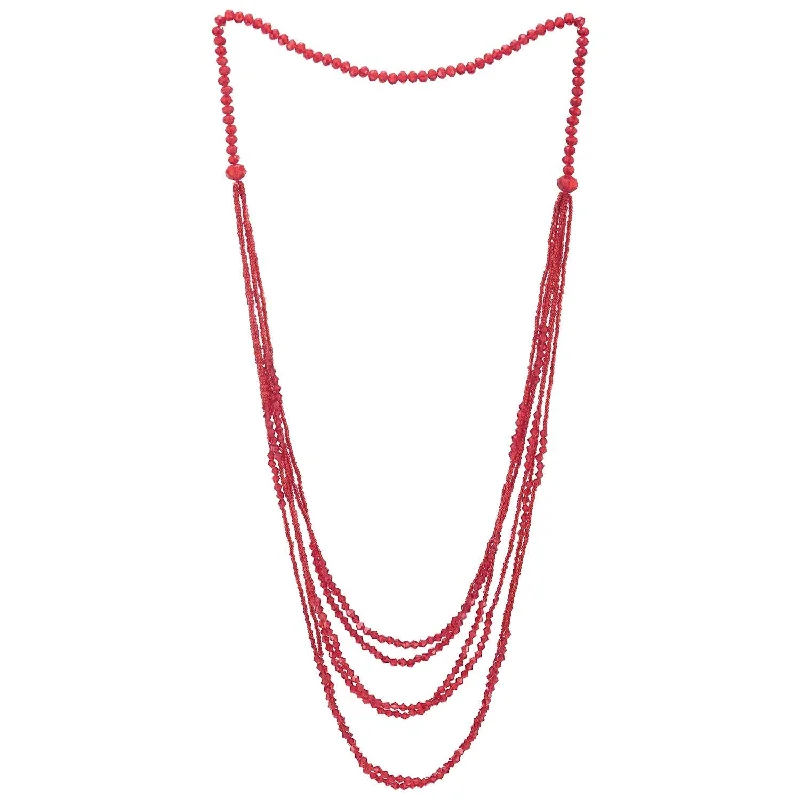 women chain necklaces -Red Beads Long Statement Necklace Multi-Strand Waterfall Chains with Crystal Beads Charms Pendant