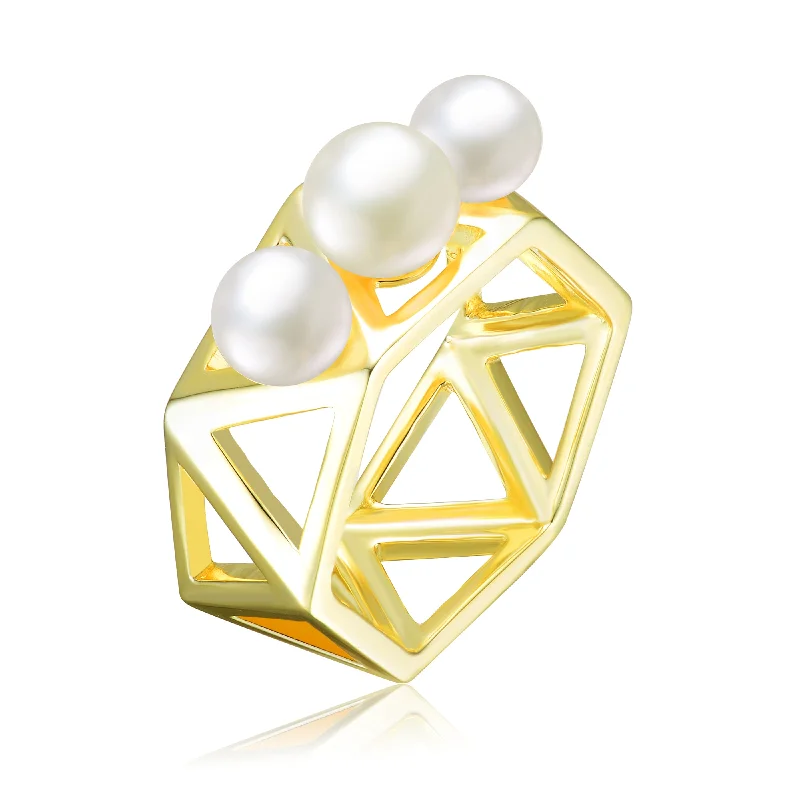 women men’s engagement rings -GENEVIVE Sterling Silver Gold Plated Freshwater Pearls Geometric Ring