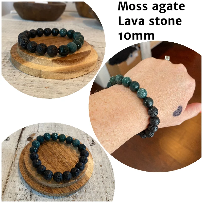 women stack bracelets -moss agate & lava stone semi-precious stone bracelet