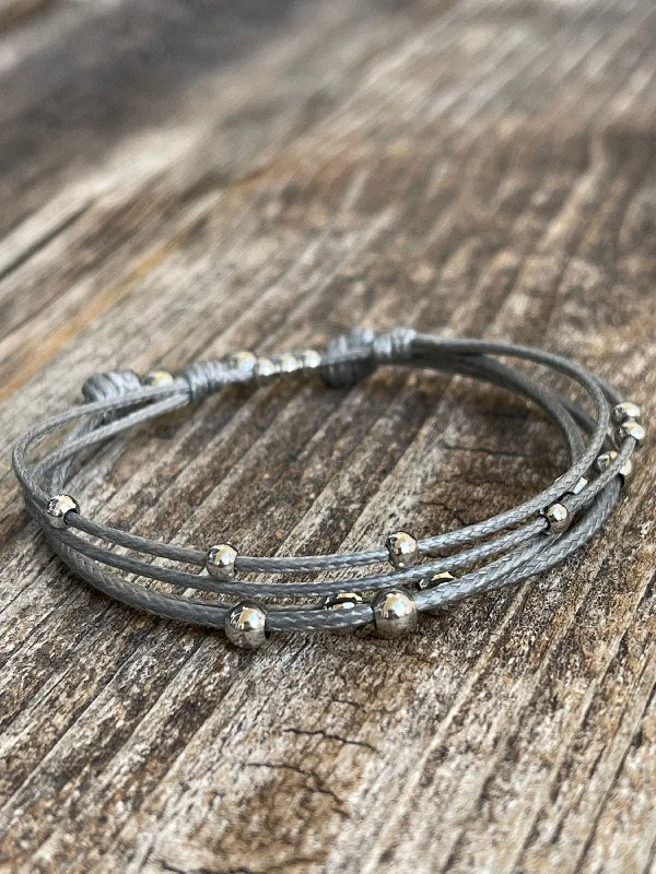 women leather bracelets -Amelia, Silver Beaded Gray Bracelets, Waxed Cord Bracelets, Gray Adjustable Bracelets, Waterproof, Set of 2