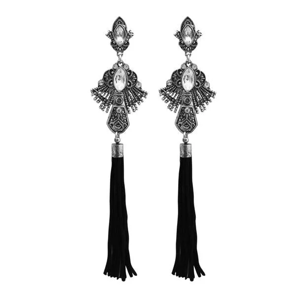 women art deco earrings -Tip Top Fashions Rhodium Plated Stone Thread Earrings - 1312313B