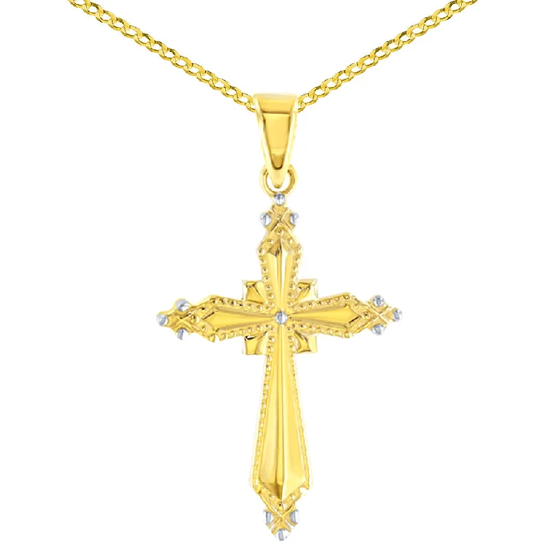 women pearl necklaces -High Polish 14K Yellow Gold Milgrain Cross Charm Pendant Cuban Chain Necklace