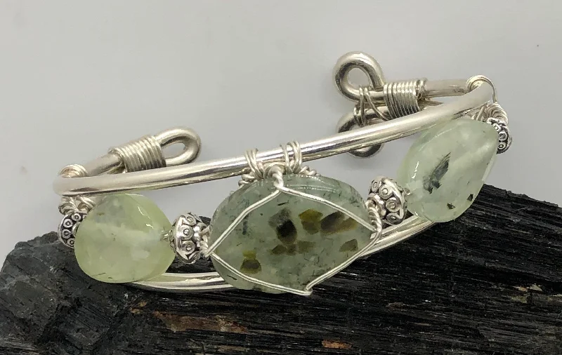 women double bangle bracelets -Prehnite w/Prehnite Side Stones Sterling Silver Wirewrapped Bracelet