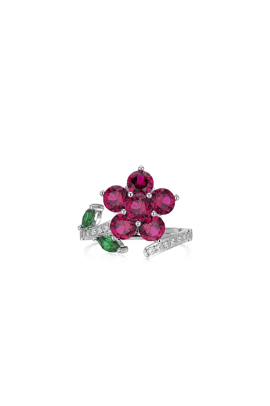 women affordable rings -Red Flower Green Leaves Silver Wrap Ring