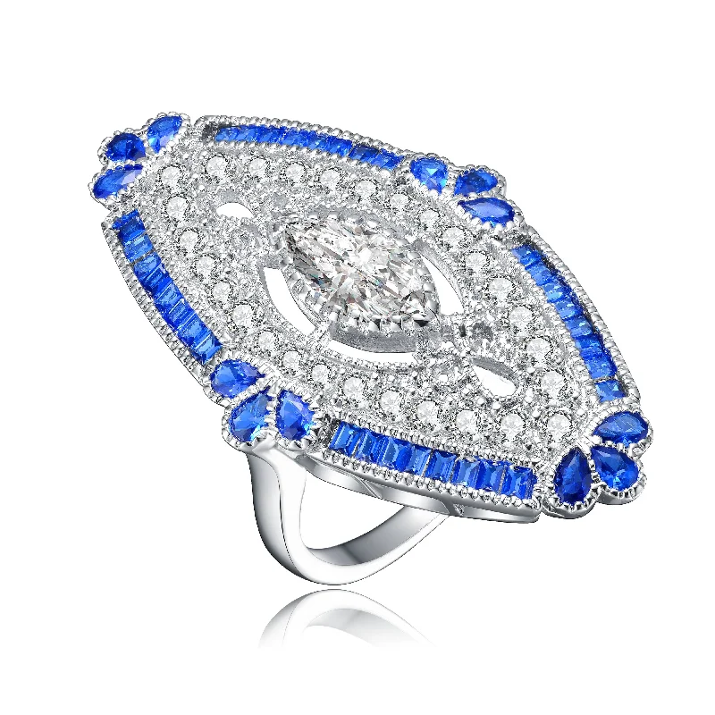 women ring sets -GENEVIVE Sterling Silver Sapphire Cubic Zirconia Coctail Ring